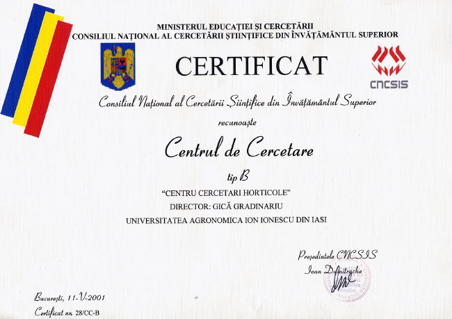 Certificat centrul de cercetari horticole